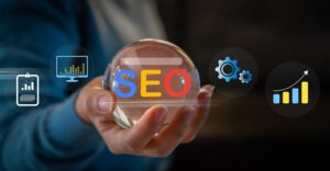 a person holding a ball that says "SEO," surrounded by graphics of computers and graphs trending upwards