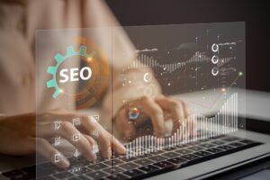 someone typing SEO content using a keyword with a graphic overlay that says "SEO"